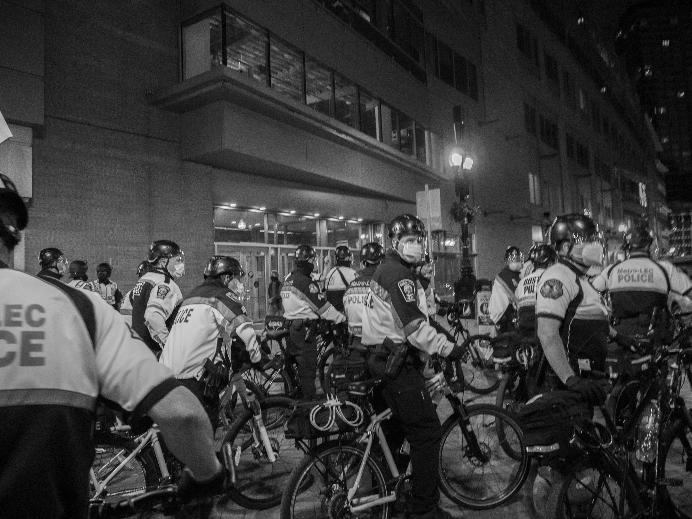 Police bike unit massed at night