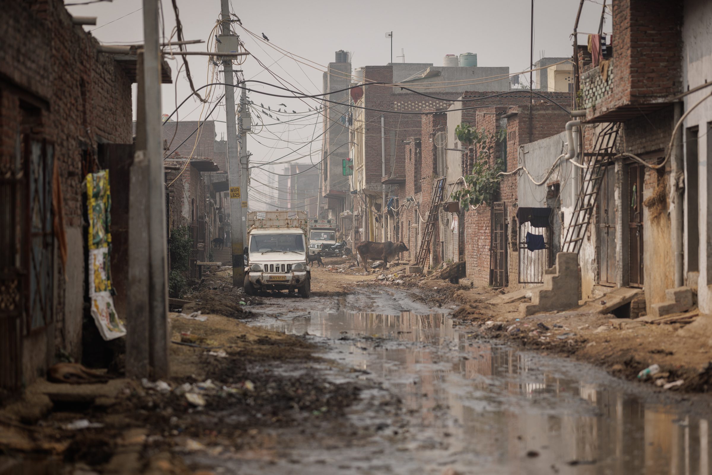 Colony street with standing water and reflections